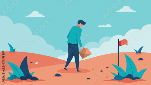 A person walking through a field burying a letter addressed to themselves in a specific spot to be discovered in the future.. Vector illustration