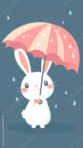 Adorable Rabbit with Umbrella in Rainy Weather - Cute Animal Illustration for Children's Decor