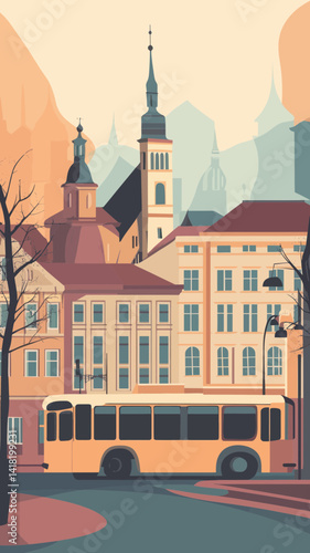 Retro Budapest Street View with Landmarks and Vintage Bus in Minimalist Vector
