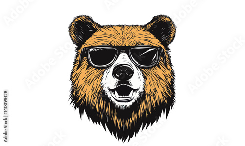 Stylish Bear Head with Sunglasses in Engraving Style Vector Illustration