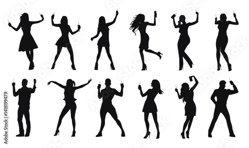 Silhouettes of Party People Dancing and Drinking in Minimalist Vector Style