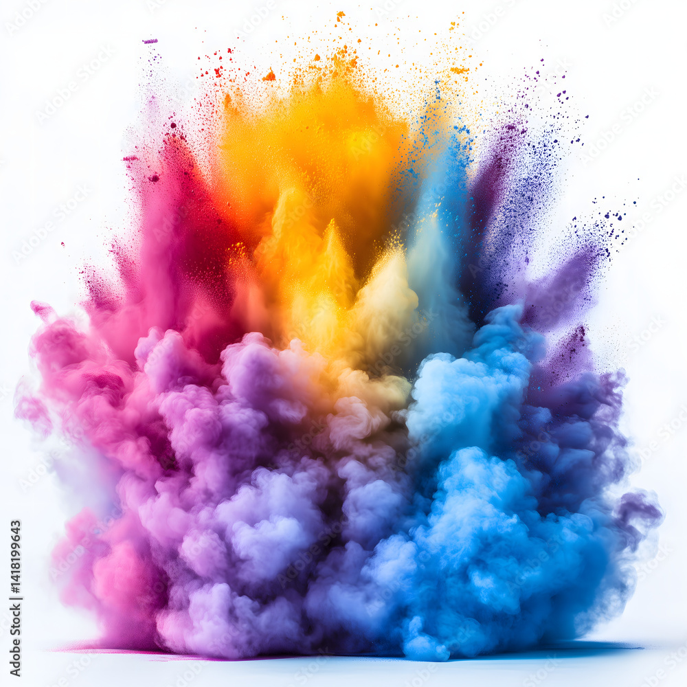 Vibrant explosion of colorful powder against a white background, dynamic and energetic effect Vibrant explosion of colorful powder against a white background, dynamic and energetic effect