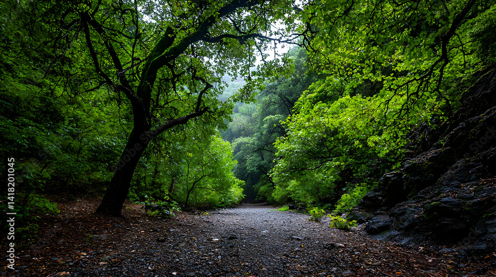 Fototapeta premium Green Lush Forest Path After Rain