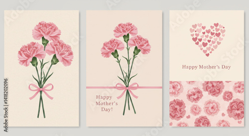 Mother's Day floral card set with pink flowers and heart design – elegant vector template