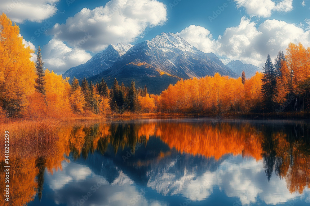 Mountain range reflected in lake with vibrant fall foliage.