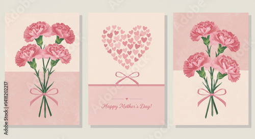Mother's Day floral card set with pink flowers and heart design – elegant vector template