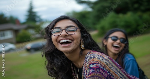 South Asian woman laughing with friend while on a jog