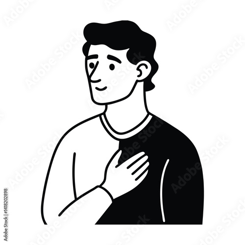 Illustration Of A Respectful Young Man Placing His Hand Over His Heart With A Gentle Smile And Thoughtful Expression