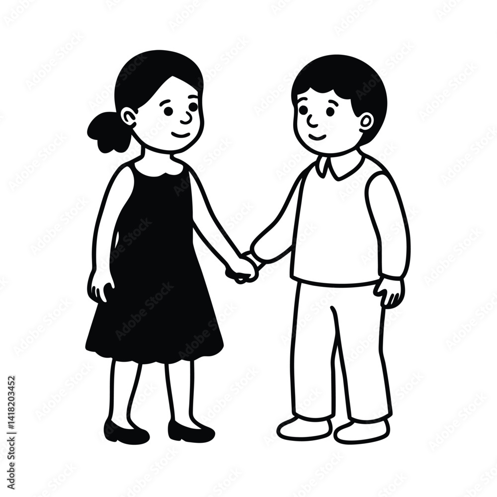 Cute Cartoon Children Holding Hands Black And White Vector Illustration Friendship And Childhood Innocence Simple Design Cute Cartoon Children Holding Hands Black And White Vector Illustration Friendship And Childhood Innocence Simple Design