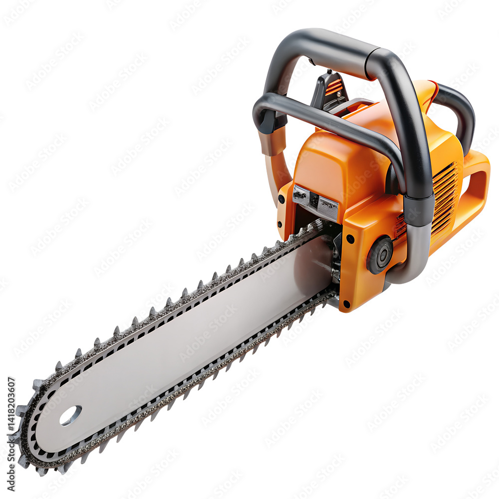 Orange chainsaw with silver blade tool isolated on transparent background Orange chainsaw with silver blade tool isolated on transparent background
