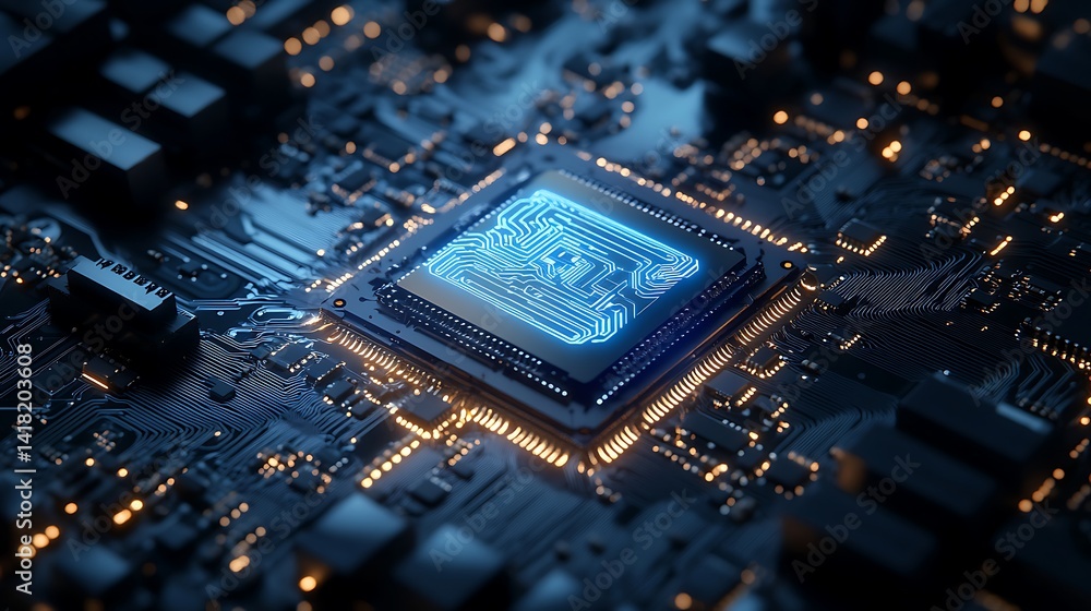 Fototapeta premium High-tech circuit board illuminated with blue and white lights