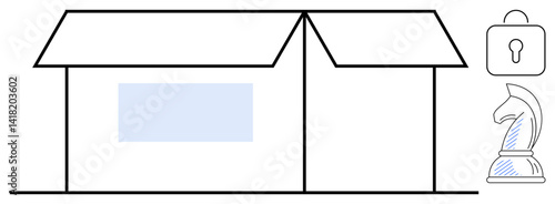 Open cardboard box paired with a lock and chess knight. Ideal for strategy, security, storage, logistics, planning, protection, organization. Clean flat simple metaphor