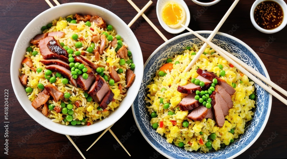 A vibrant dish of fried rice with sliced duck, green peas, and scrambled eggs in a decorative blue bowl, accompanied by chopsticks on a dark wooden table A vibrant dish of fried rice with sliced duck, green peas, and scrambled eggs in a decorative blue bowl, accompanied by chopsticks on a dark wooden table