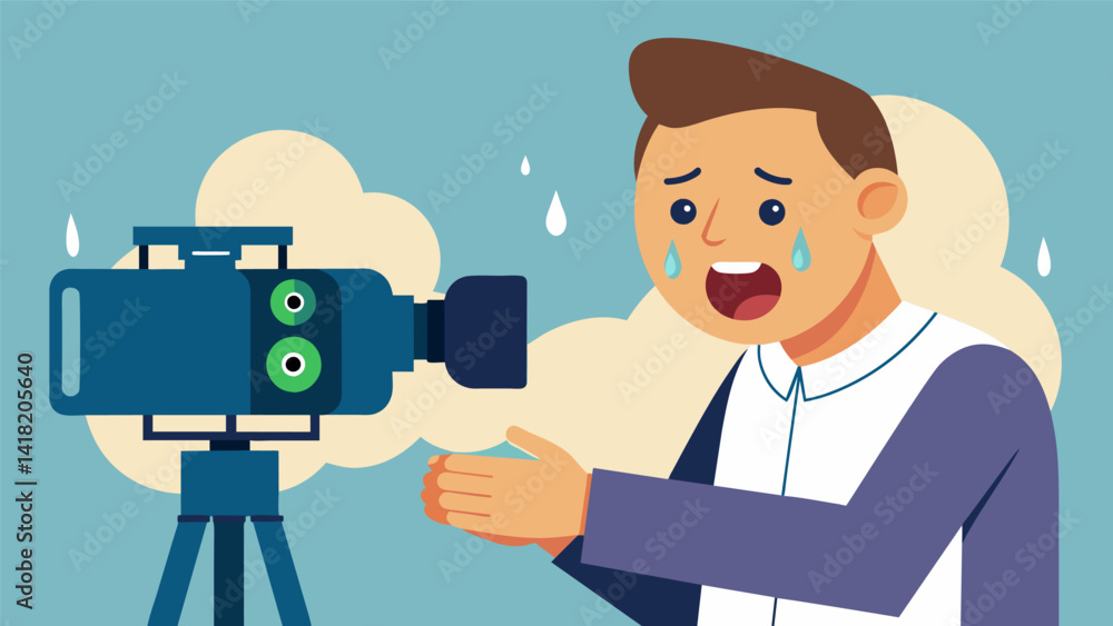 A volunteer skillfully operating a video camera zooming in and capturing the tears of joy on a parishioners face during a baptism.. Vector illustration A volunteer skillfully operating a video camera zooming in and capturing the tears of joy on a parishioners face during a baptism.. Vector illustration