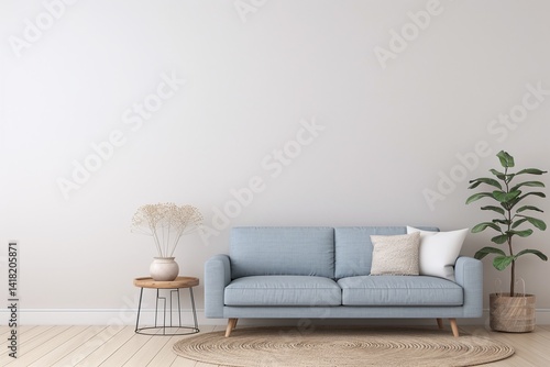 light blue modern sofa in soft toned minimalist living room, pampas grass decor and copy space on white wall, contemporary cozy interior with clean lines and plant

