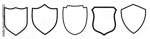 "Black shield frame set – a collection of shield sign vector templates with empty outlines. Ideal for logo design, badges, and security icons in a clean, flat style."