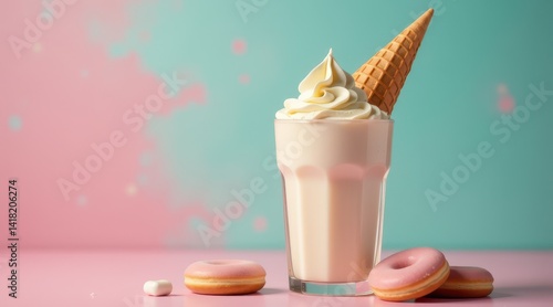 Glass of creamy milkshake with waffle cone topping, surrounded by glazed pink donuts on a pastel pink and teal backdrop