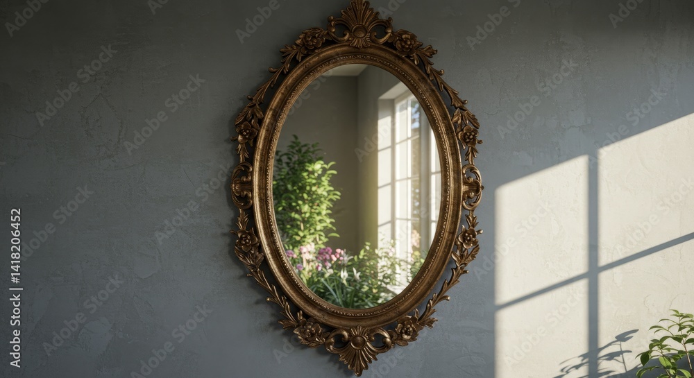 Ornate Oval Mirror Reflection - An antique oval mirror with an ornate gold frame reflects sunlight and indoor plants. The mirror hangs on a textured gray wall