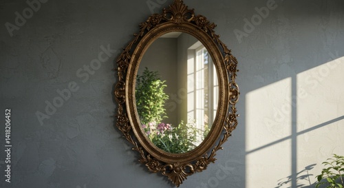 Obraz na płótnie Ornate Oval Mirror Reflection - An antique oval mirror with an ornate gold frame reflects sunlight and indoor plants. The mirror hangs on a textured gray wall w salonie