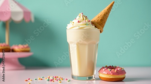 Glass of creamy milkshake with waffle cone topping, surrounded by glazed pink donuts on a pastel pink and teal backdrop