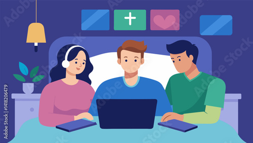 A young couple snuggled up on their bed holding hands and listening intently to their laptops speakers as their pastor delivers a moving sermon during. Vector illustration