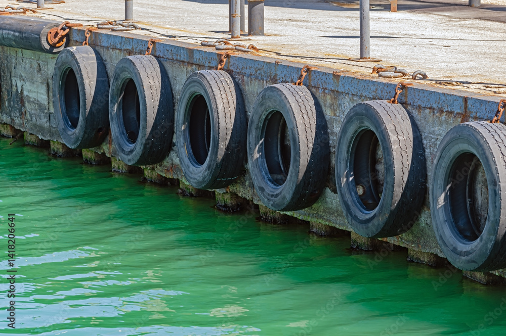 Old car rubber on the pier