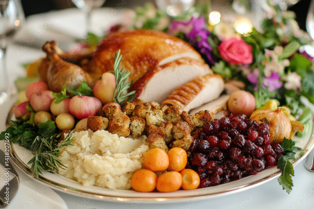 Plate of food with meat, vegetables, and stuffing. Plate of food with meat, vegetables, and stuffing.