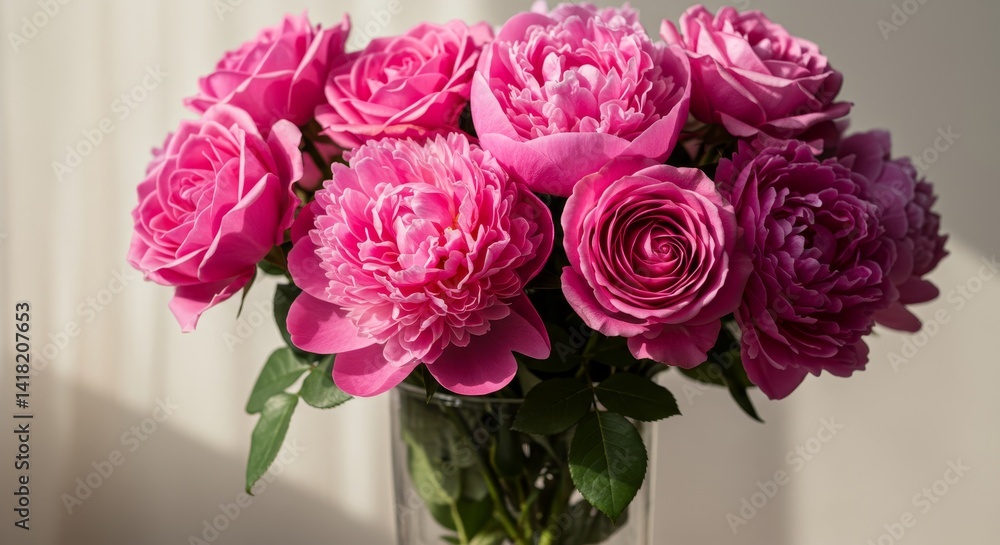 Pink Roses and Peonies Bouquet - A stunning bouquet of pink roses and peonies in a clear glass vase. Perfect for romantic occasions or adding elegance to any setting