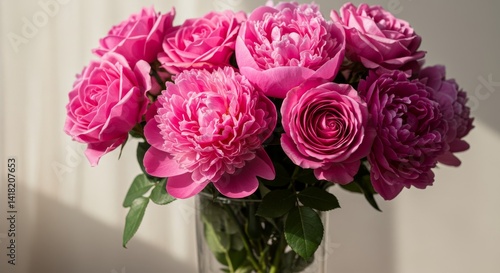 Obraz na płótnie Pink Roses and Peonies Bouquet - A stunning bouquet of pink roses and peonies in a clear glass vase. Perfect for romantic occasions or adding elegance to any setting w salonie
