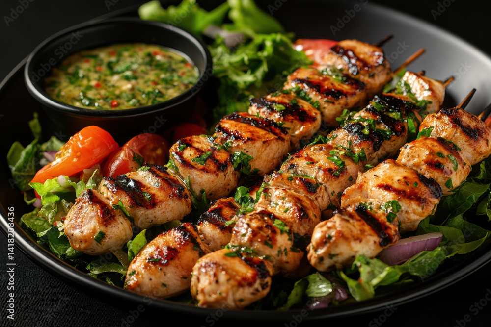 Grilled chicken skewers with a side of salad. Grilled chicken skewers with a side of salad.