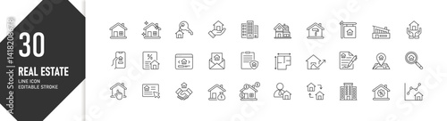 Real estate icons set with property, building, agent, transaction and housing service for web app design, icon