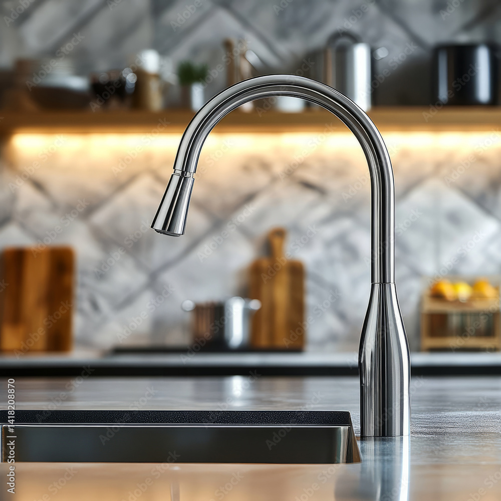 Modern kitchen sink with sleek metal faucet. Modern kitchen sink with sleek metal faucet.