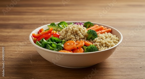 Obraz na płótnie Quinoa Vegetable Bowl with Colorful Veggies - A healthy and delicious quinoa bowl filled with vibrant vegetables like carrots, broccoli, and bell peppers. Perfect for a nutritious meal w salonie
