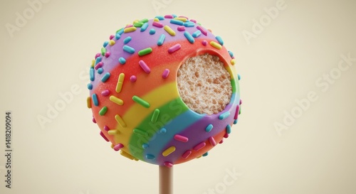 Rainbow Cake Pop with Bite - A delicious rainbow cake pop, covered in sprinkles, with a bite taken out, symbolizing joy, sweetness, indulgence, a playful treat, and a moment of satisfaction