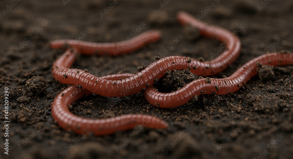 Red Worms in Dark Soil - Close-up of several red worms wriggling in dark, rich soil. Perfect for nature, ecology, or gardening themes