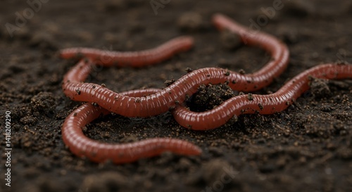 Obraz na płótnie Red Worms in Dark Soil - Close-up of several red worms wriggling in dark, rich soil. Perfect for nature, ecology, or gardening themes w salonie