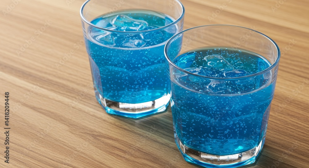 Refreshing Blue Drinks on Wood Table - Two glasses of ice-cold blue fizzy drinks sit on a light brown wooden table