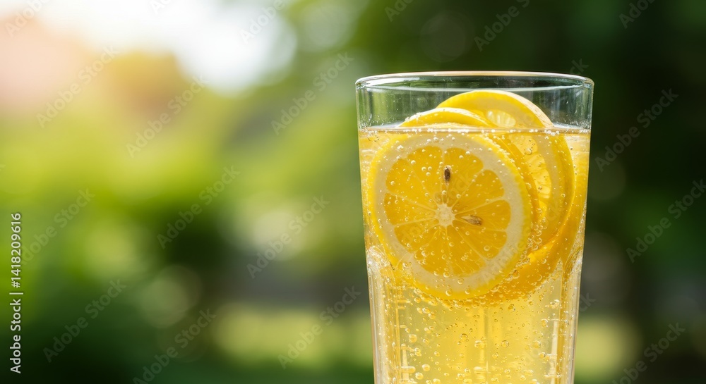 Refreshing Lemon Fizz Drink - Close-up of a glass of sparkling lemon drink, garnished with lemon slices, set against a blurred green background. Perfect for summer