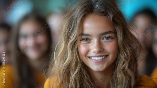 Wallpaper Mural Happy teen girl smiling, surrounded by friends Torontodigital.ca
