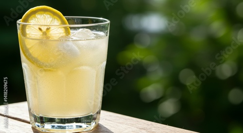 Refreshing Lemon Iced Tea Drink - Close-up of a glass of iced lemon tea with ice cubes and a lemon slice, on a wooden table with a blurred green background