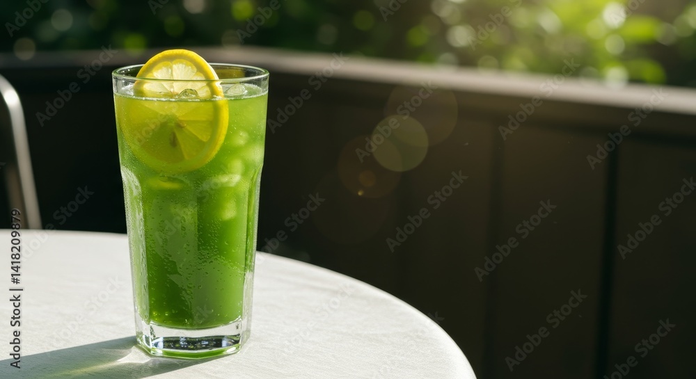 Refreshing Matcha Lemonade Drink - Iced matcha green tea with lemon slice, perfect summer drink. Served in glass on outdoor table
