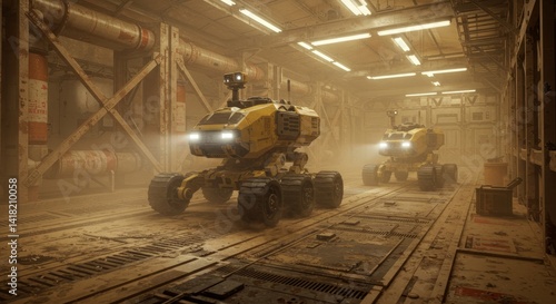 Robotic Explorers in Dusty Hangar - Two yellow robotic explorers stand in a dimly lit, dusty hangar, their lights illuminating the gritty environment