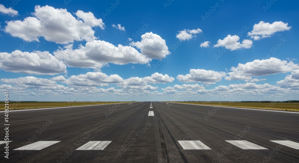 Fototapeta premium Runway to the Horizon - A long runway stretches towards a bright blue sky dotted with fluffy white clouds. Perfect for travel, freedom, and journey concepts