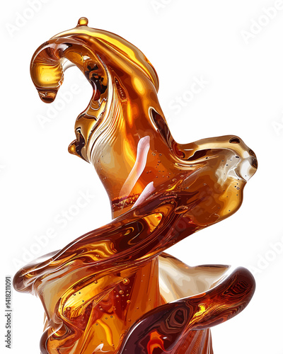 Craft an arresting longish image featuring cascading liquid brown soda or tea