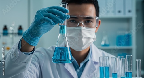 Scientist Examining Blue Liquid in Lab - Close-up of a scientist in a lab coat and safety goggles carefully examining a test tube with vibrant blue liquid. Symbolizes research, discovery, science