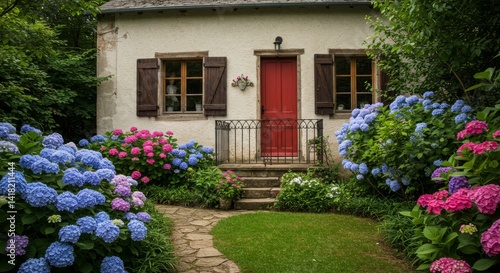 Secluded Garden House with Stone Path - Tranquil cottage nestled in vibrant blooms, symbolizing peace, serenity, home, nature, and beauty