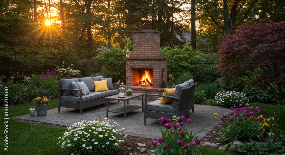 Serene Backyard Patio with Fireplace and Lush Garden - Relaxing outdoor patio scene with a cozy brick fireplace, comfortable seating, and vibrant flowers symbolizing tranquility, warmth, comfort