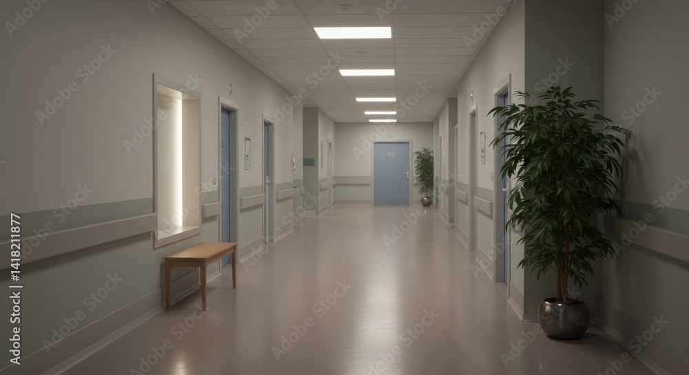 Serene Corridor in a Calm Psychiatric Hospital - Peaceful hospital hallway, conveying calm, hope, and recovery. A sense of quietude, healing, and serenity. Symbolism includes peace, restoration, hope