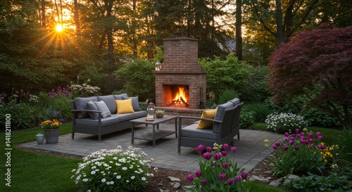 Obraz na płótnie Serene Backyard Patio with Fireplace and Lush Garden - Relaxing outdoor patio scene with a cozy brick fireplace, comfortable seating, and vibrant flowers symbolizing tranquility, warmth, comfort w salonie