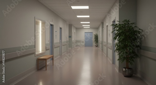 Obraz na płótnie Serene Corridor in a Calm Psychiatric Hospital - Peaceful hospital hallway, conveying calm, hope, and recovery. A sense of quietude, healing, and serenity. Symbolism includes peace, restoration, hope w salonie